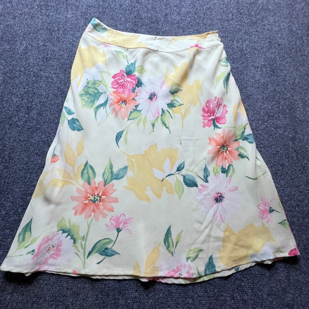 Talbots 100% Pure Silk Vintage Floral Midi Skirt Yellow Pink Green Size 8 Lined
